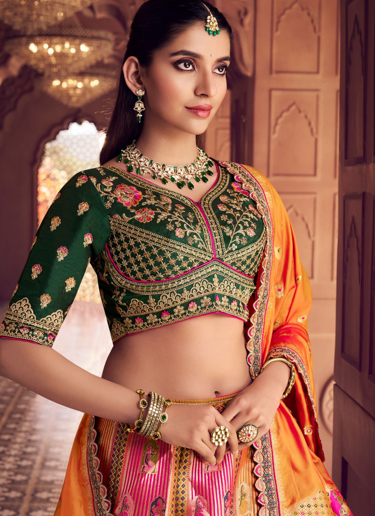 Multi-Color Royal Wedding Banarasi Lehenga Set With Sequin & Zari Work - TrendOye