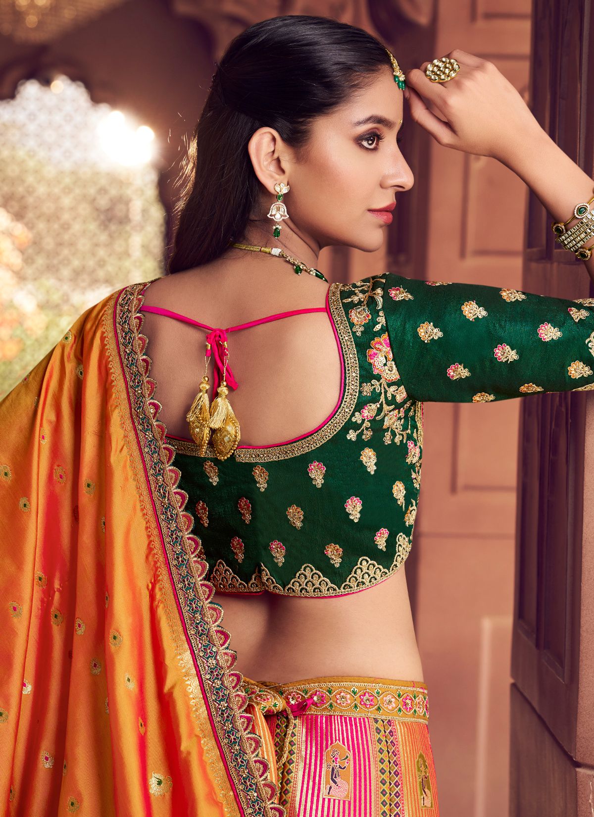 Multi-Color Royal Wedding Banarasi Lehenga Set With Sequin & Zari Work - TrendOye