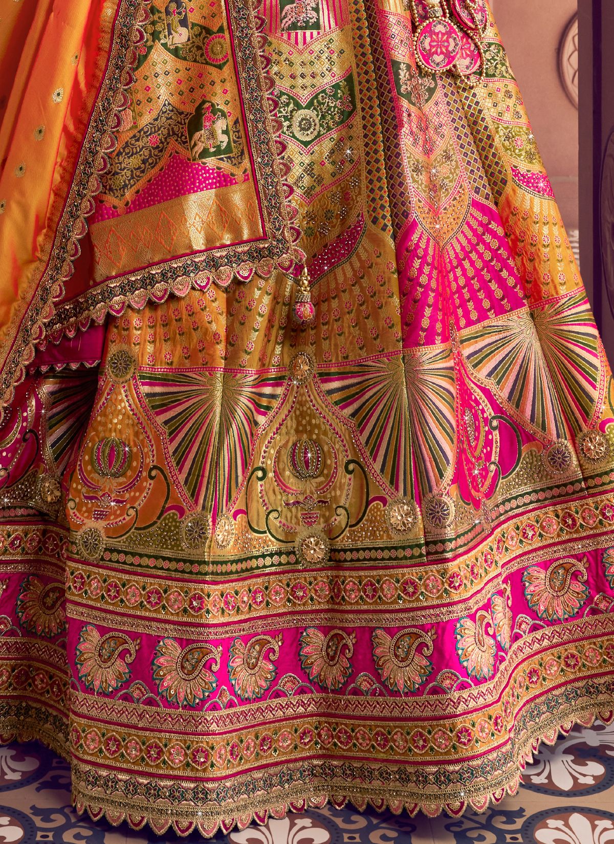 Multi-Color Royal Wedding Banarasi Lehenga Set With Sequin & Zari Work - TrendOye