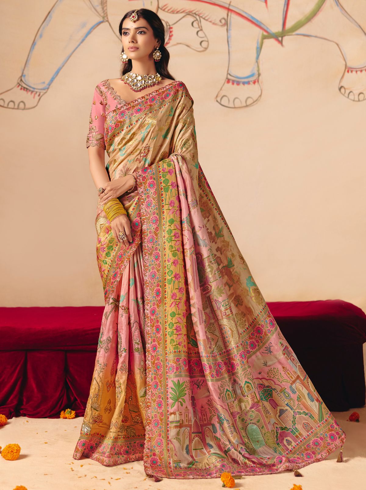 Multicolor Designer Dola Silk Saree with Embroidery
