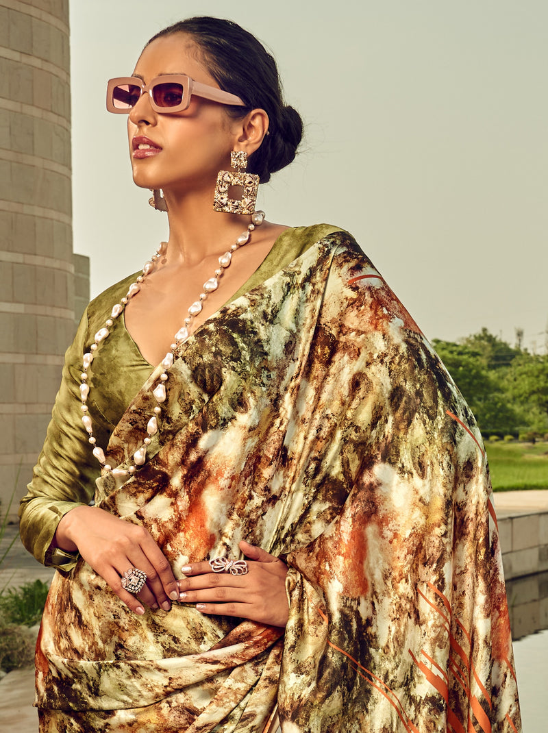 Multicolor Fancy Digital Satin Crepe Saree With Unstitched Blouse