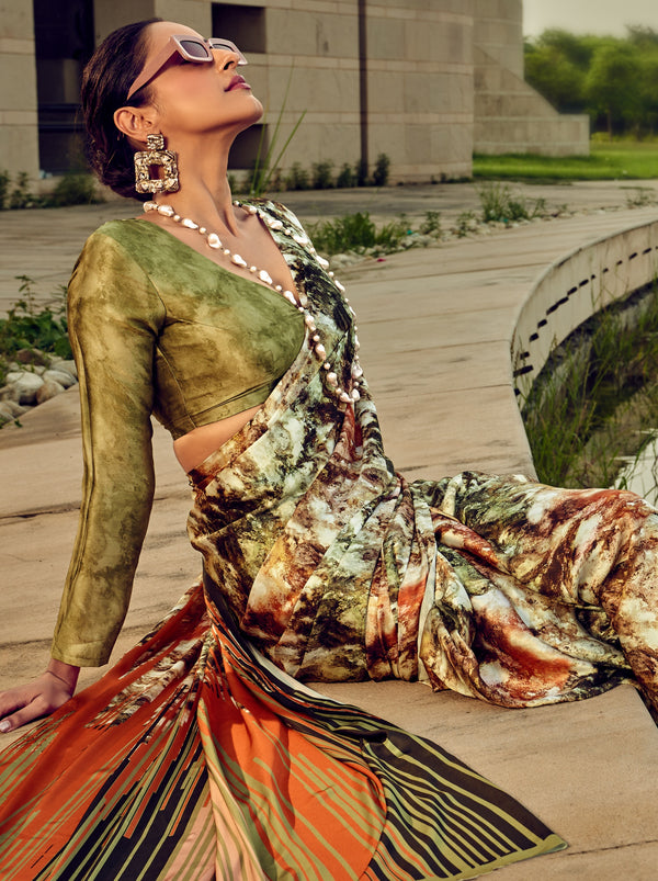 Multicolor Fancy Digital Satin Crepe Saree With Unstitched Blouse