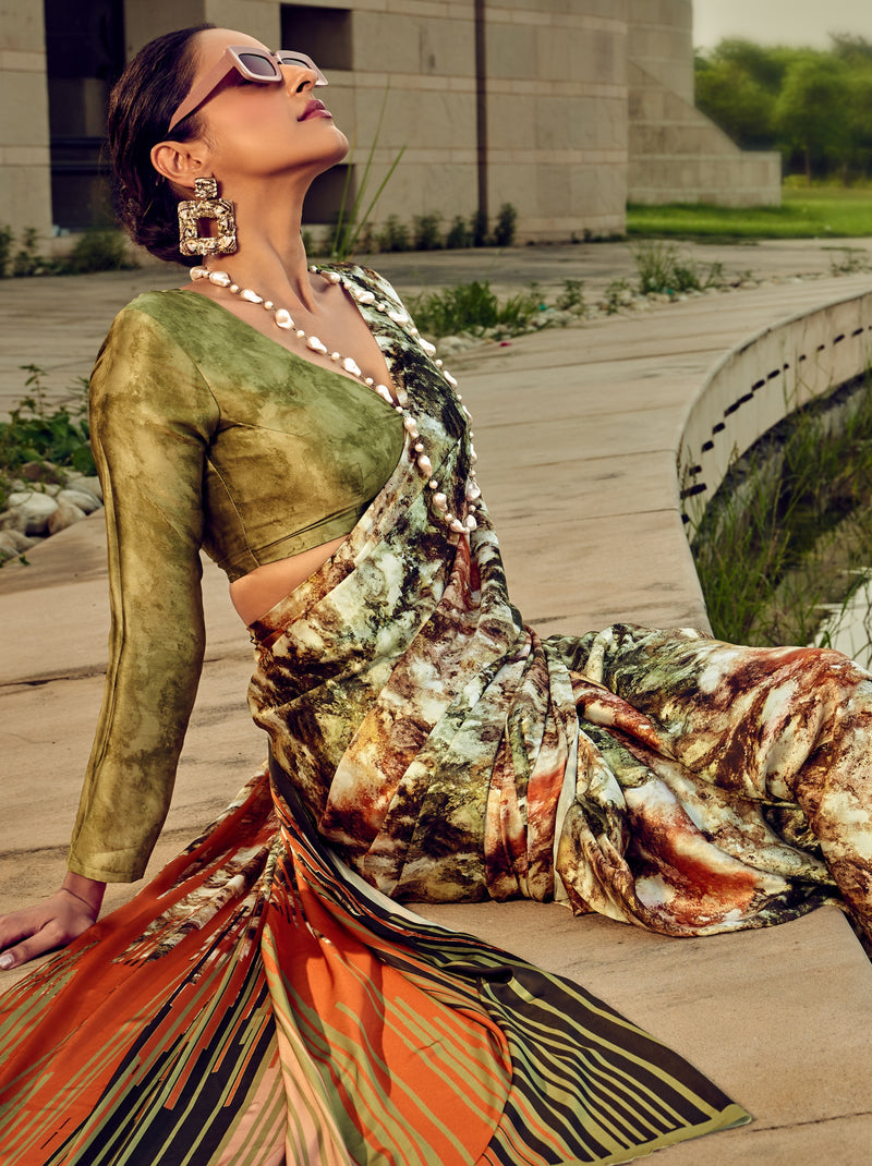 Multicolor Fancy Digital Satin Crepe Saree With Unstitched Blouse