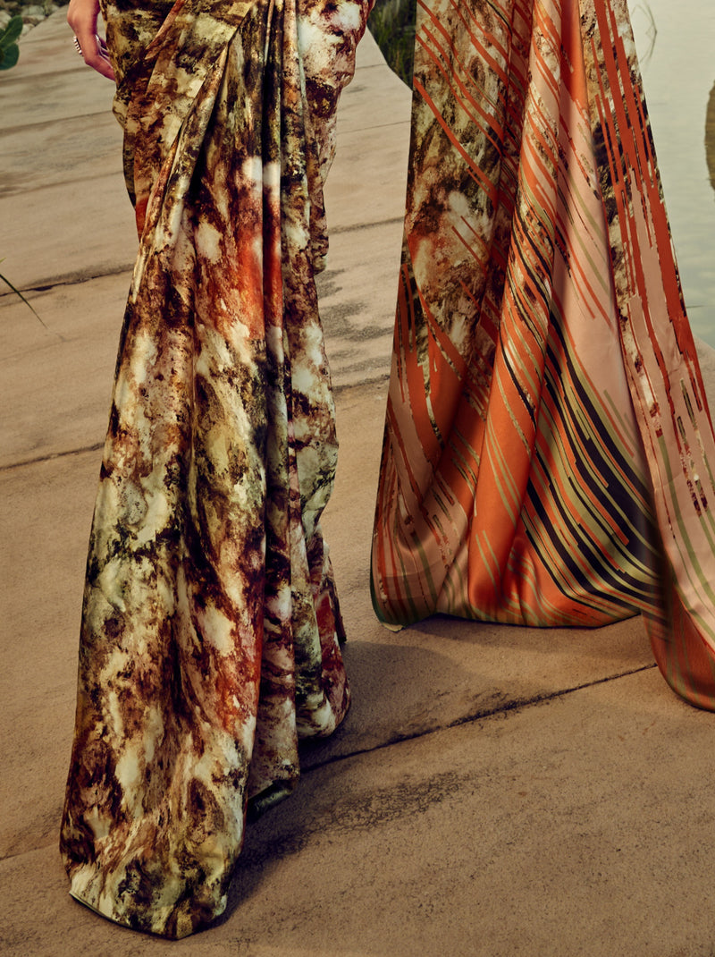 Multicolor Fancy Digital Satin Crepe Saree With Unstitched Blouse