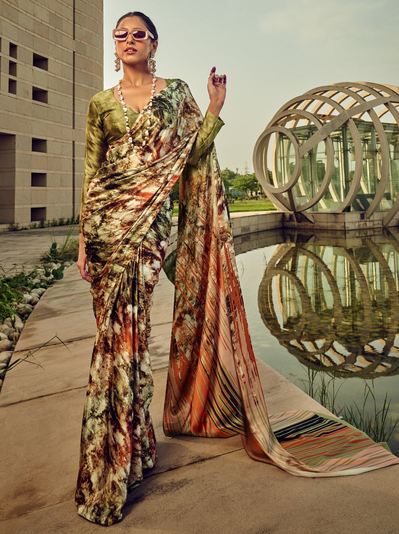Multicolor Fancy Digital Satin Crepe Saree With Unstitched Blouse