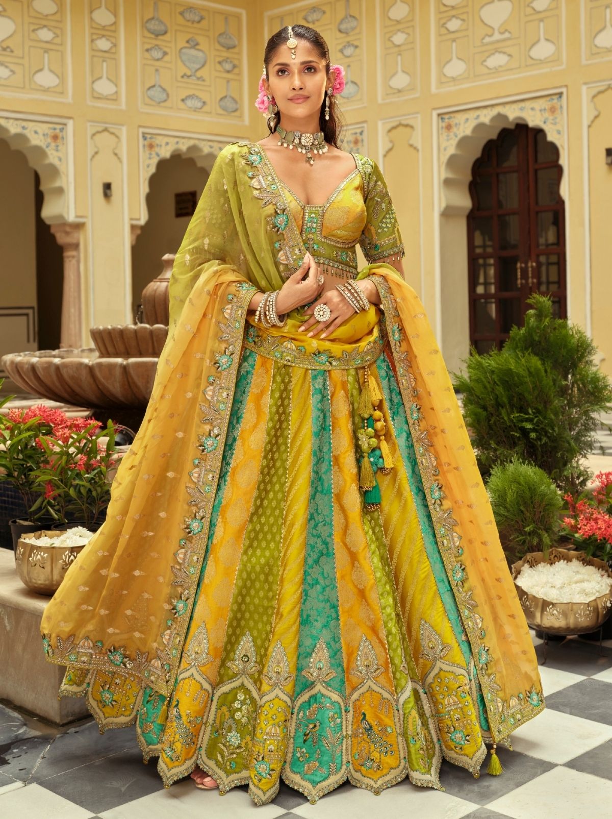 Multicolor Majestic Wedding Lehenga Set With Mirror Work