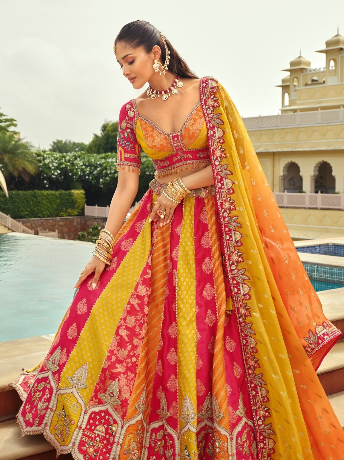 Multicolor Majestic Wedding Lehenga Set With Mirror Work