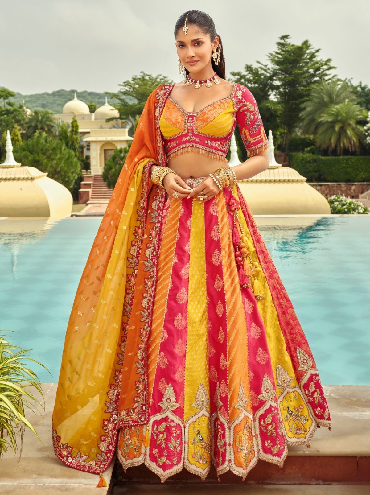 Multicolor Majestic Wedding Lehenga Set With Mirror Work