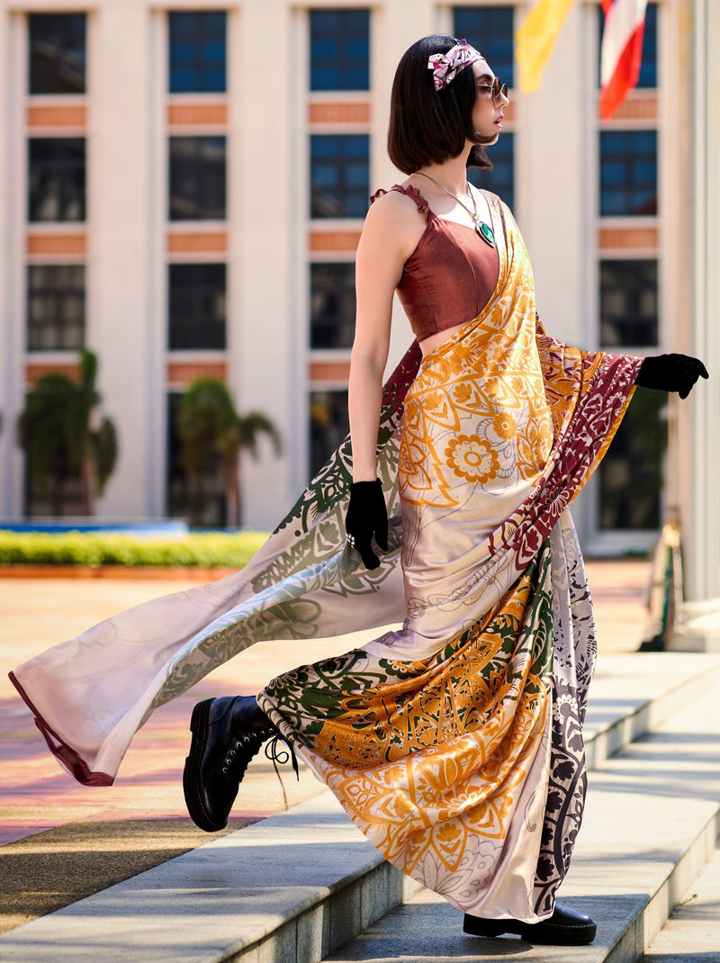 Cream Multicolor Party Saree - TrendOye