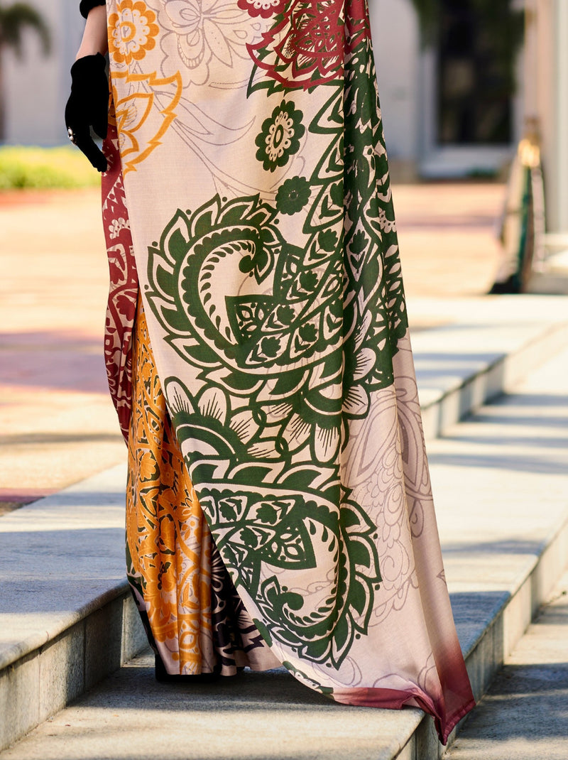 Cream Multicolor Party Saree - TrendOye