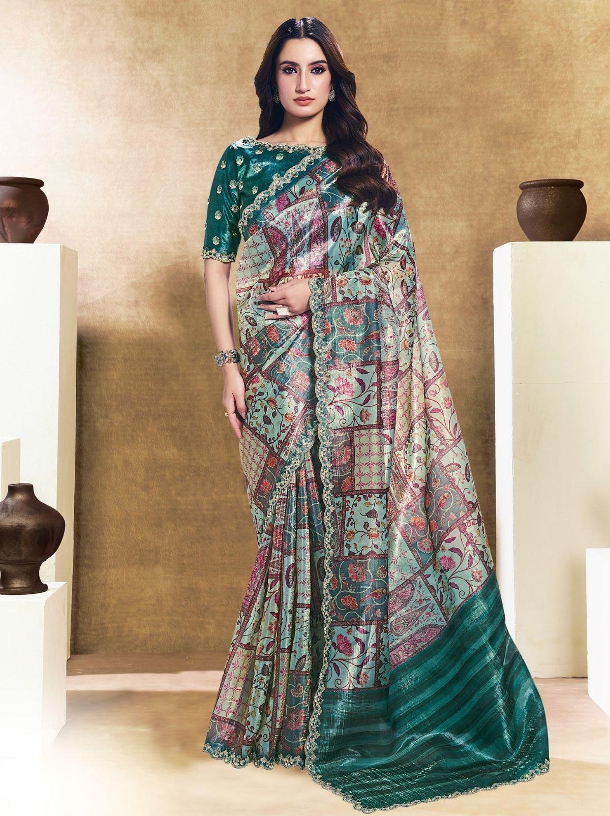 Multicolor Premium Two Tone Paper Silk Saree WIth Blouse Piece - TrendOye