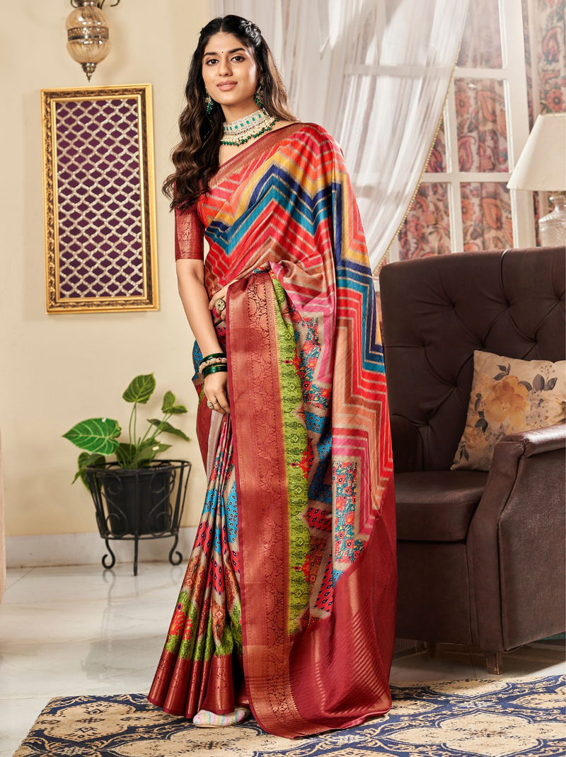 Multicolor Designer Satin Silk Saree - TrendOye