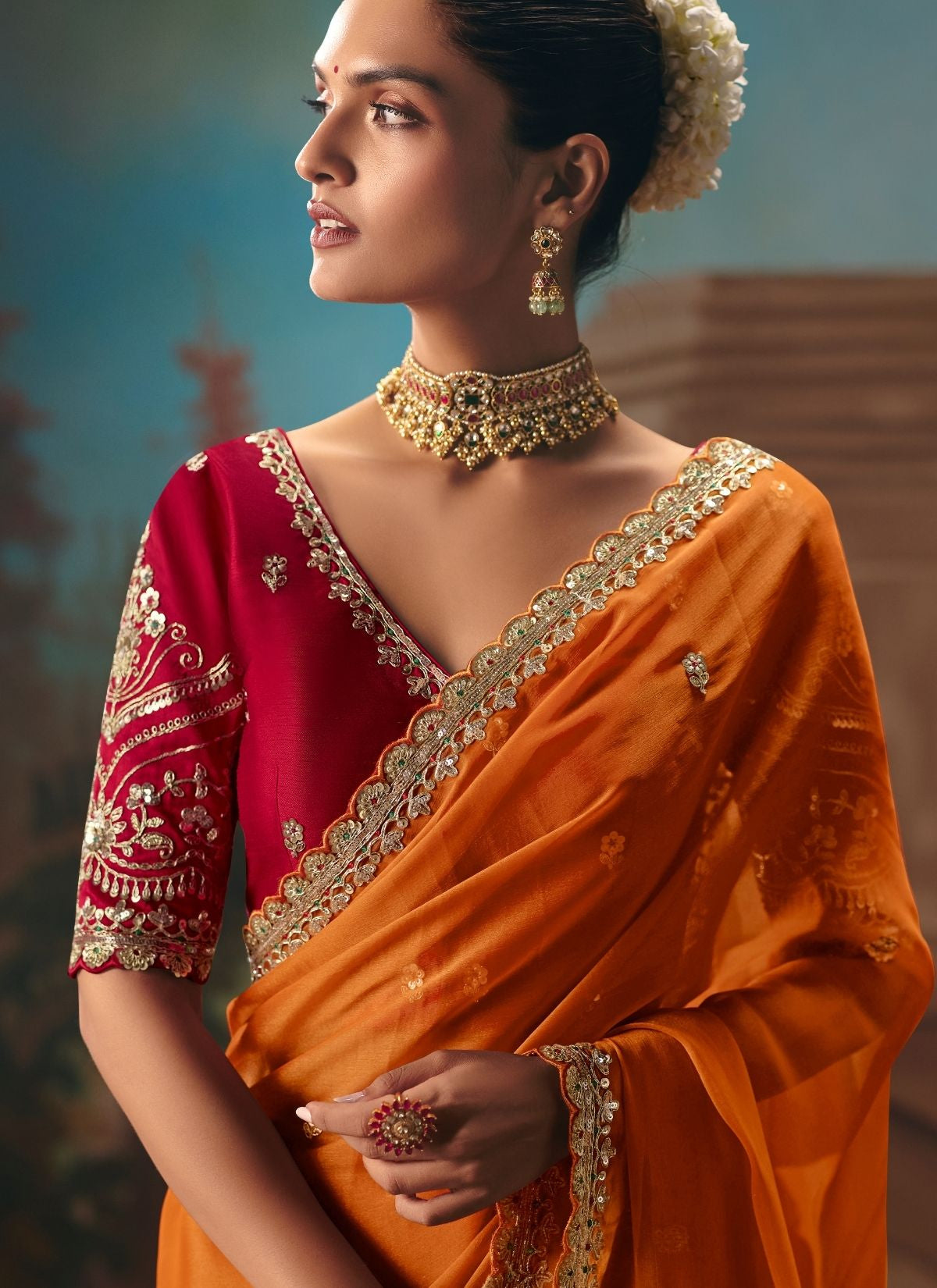 Tiger Orange Celebration Fancy Saree With Premium Blouse Piece - TrendOye