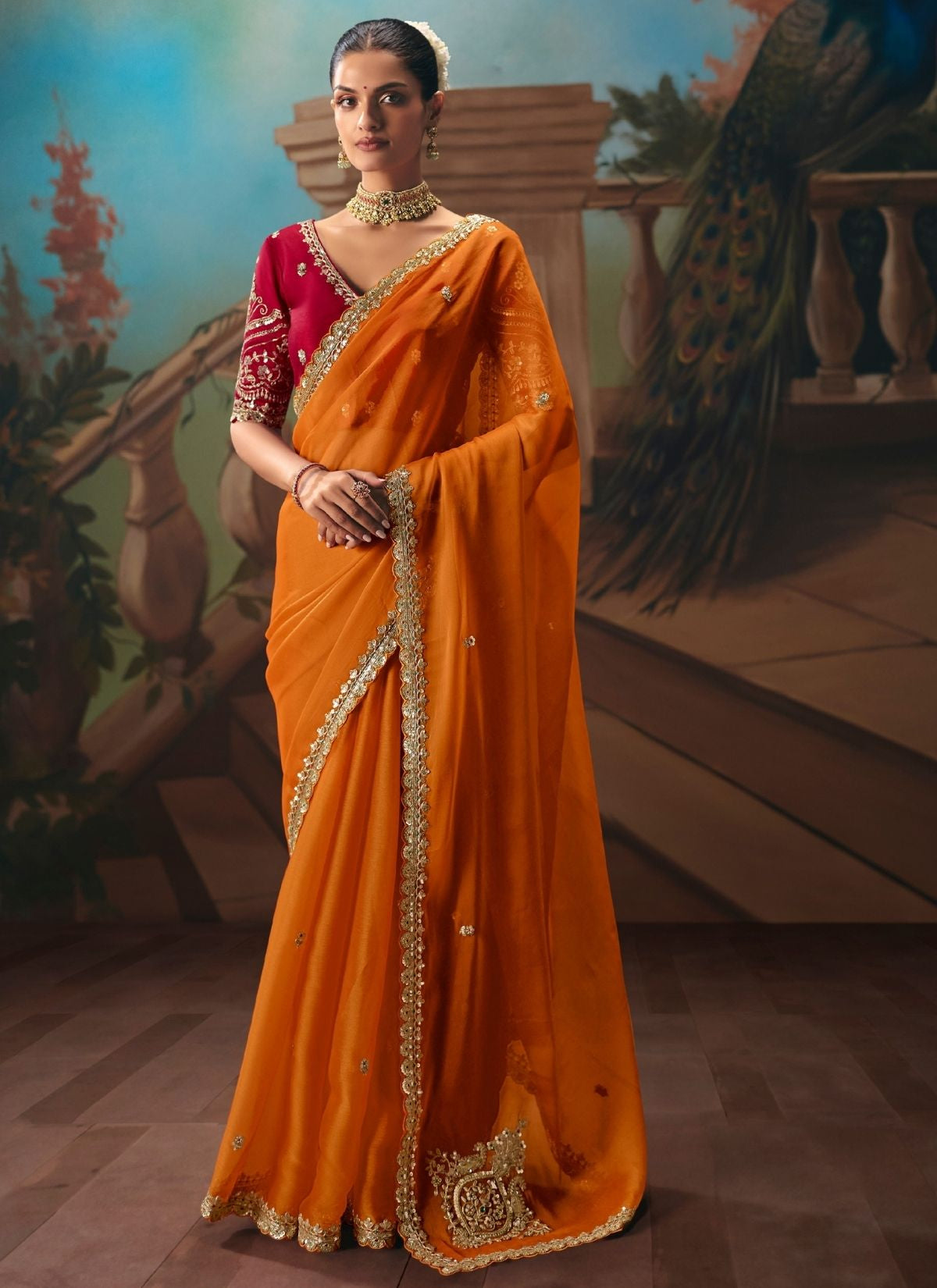 Tiger Orange Celebration Fancy Saree With Premium Blouse Piece - TrendOye