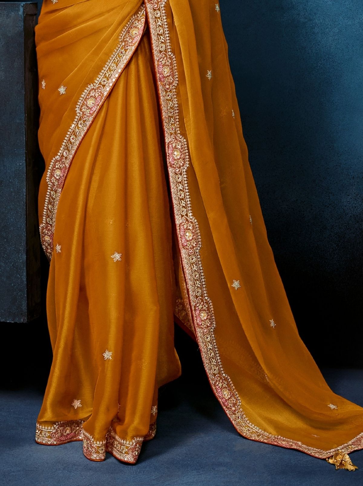 Apricot Orange Celebration Fancy Saree With Premium Blouse - TrendOye