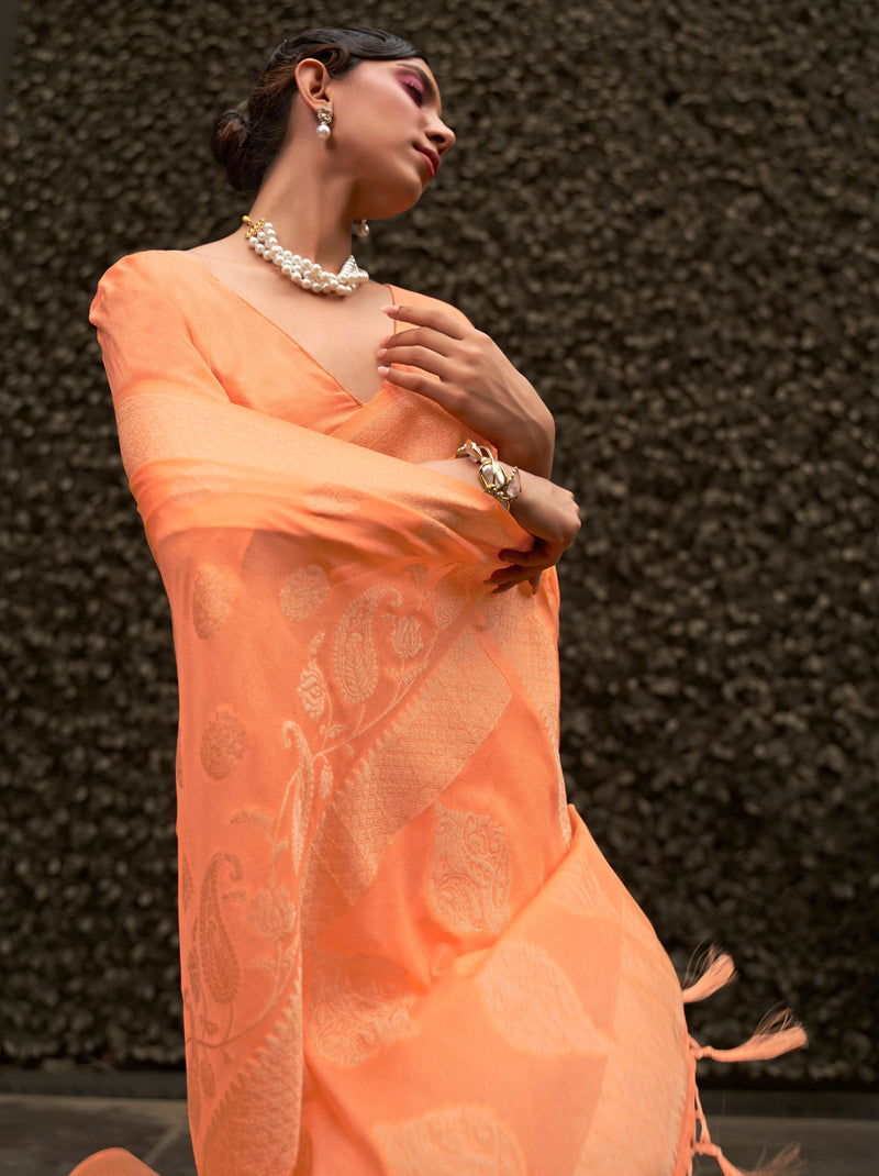 Tangerine Orange  Designer Chinon Silk Saree - TrendOye