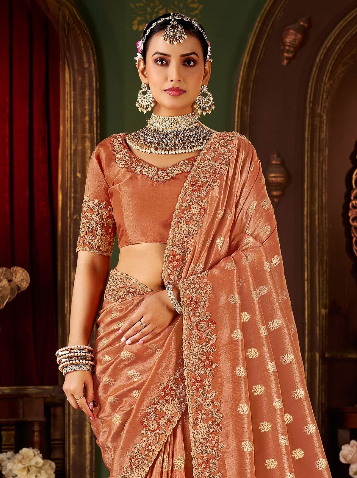 Rust Orange Designer Fancy Silk Bridal Saree With Blouse Piece