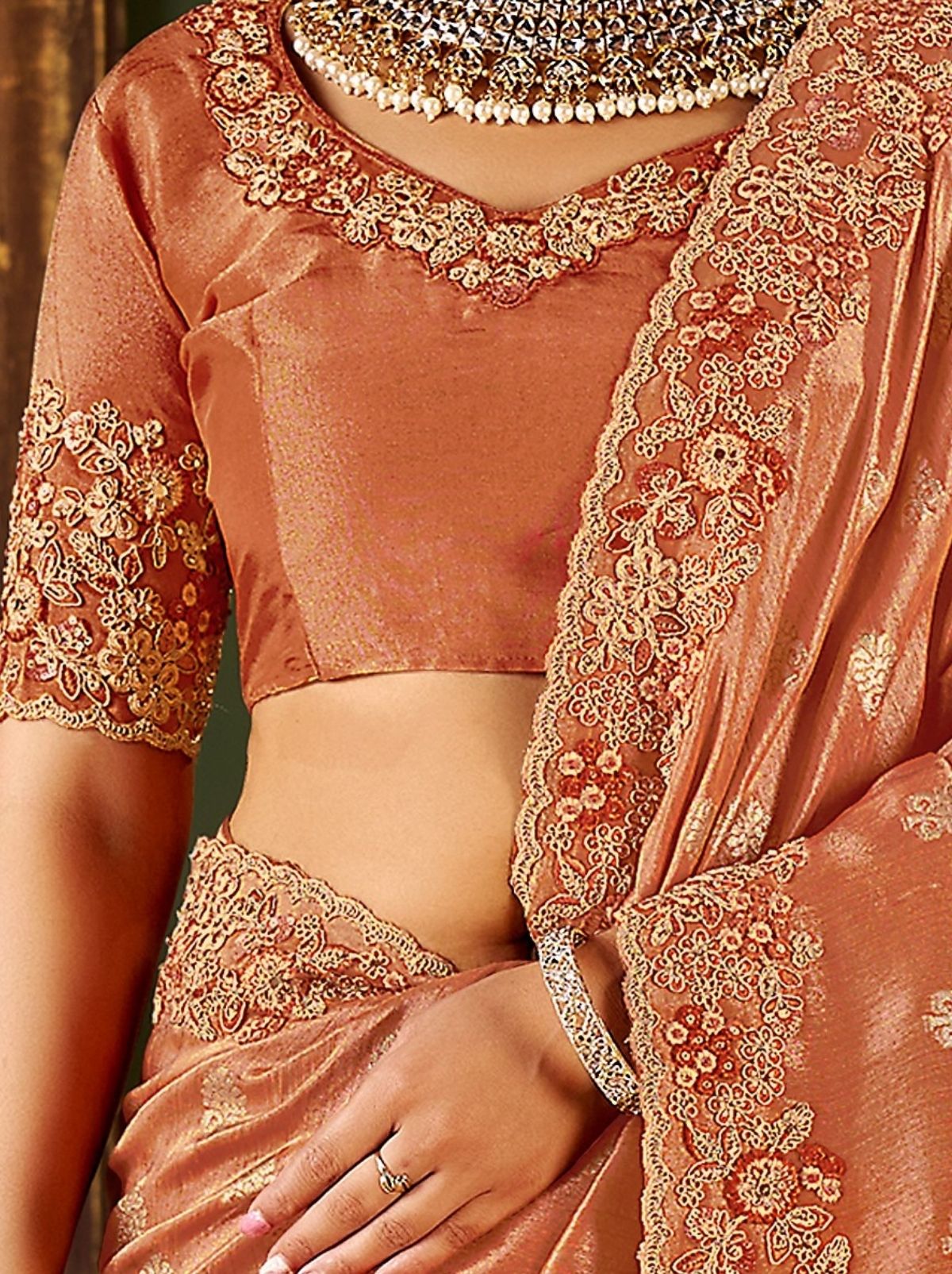 Rust Orange Designer Fancy Silk Bridal Saree With Blouse Piece