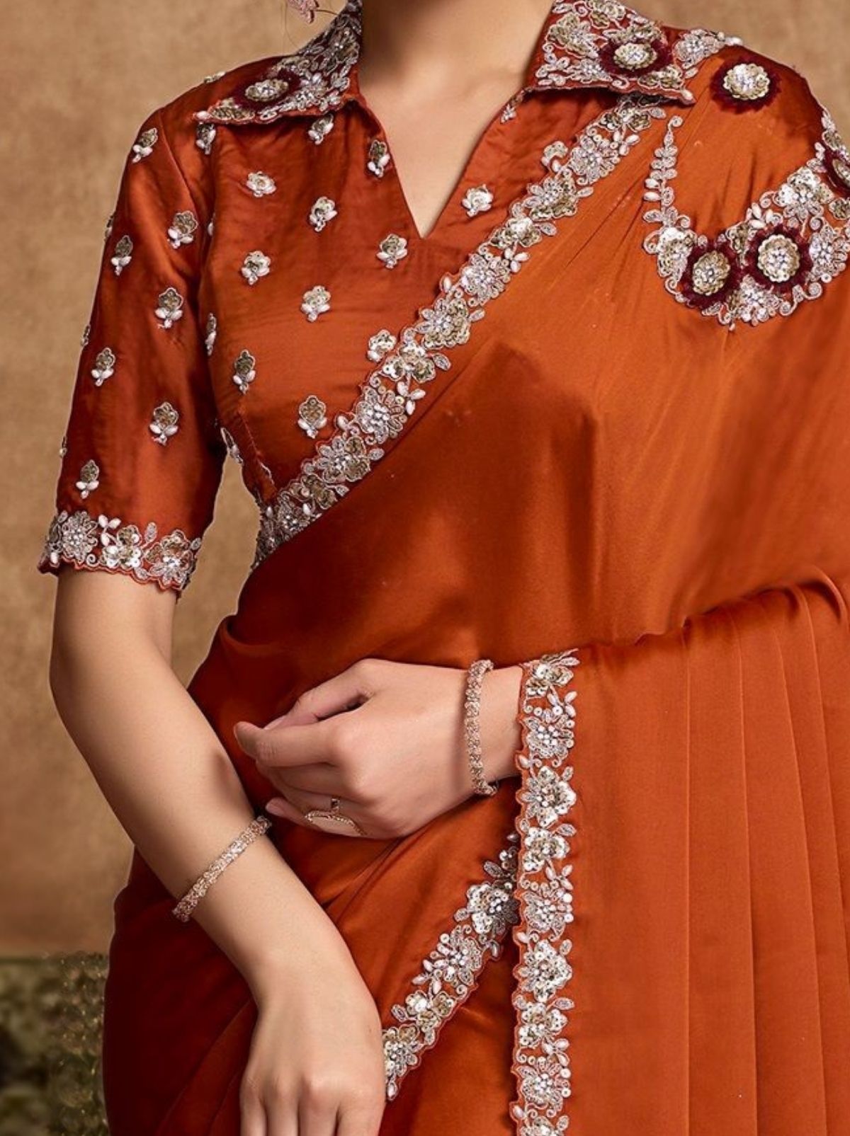 Copper Orange Designer Party Wear Saree With Blouse Piece