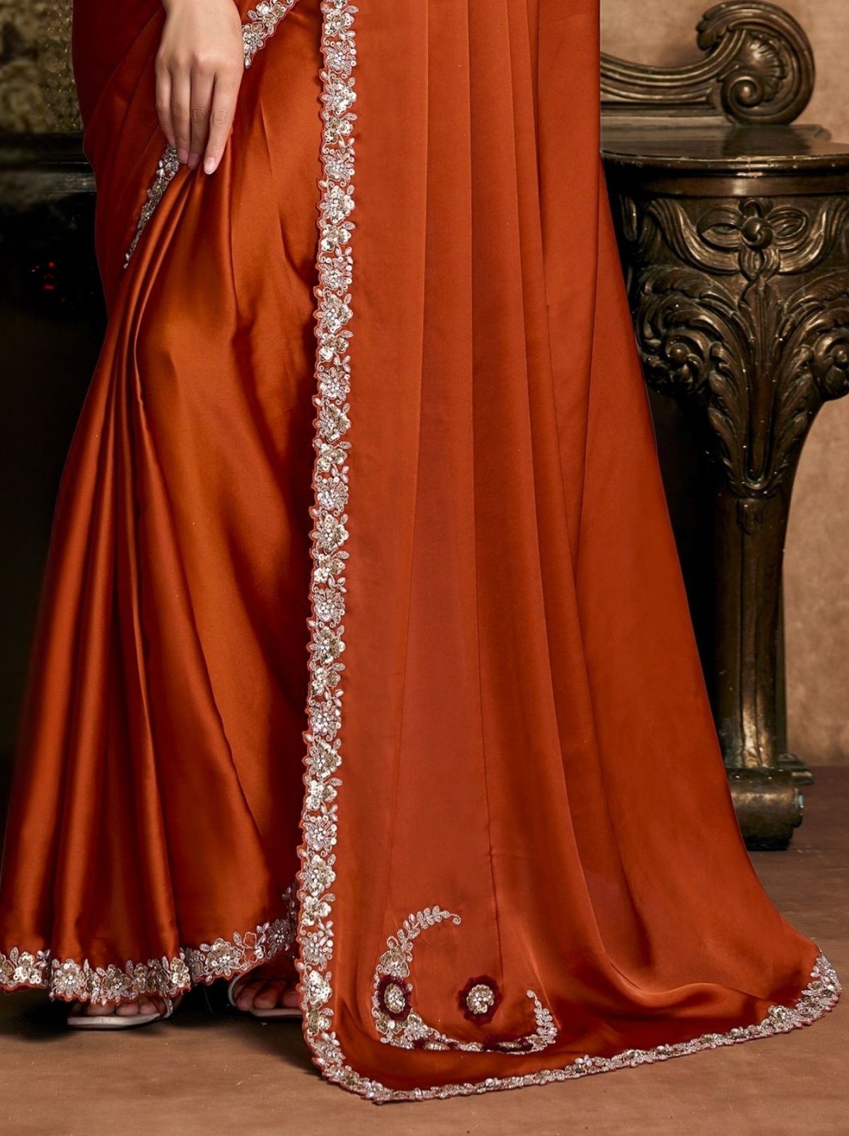 Copper Orange Designer Party Wear Saree With Blouse Piece