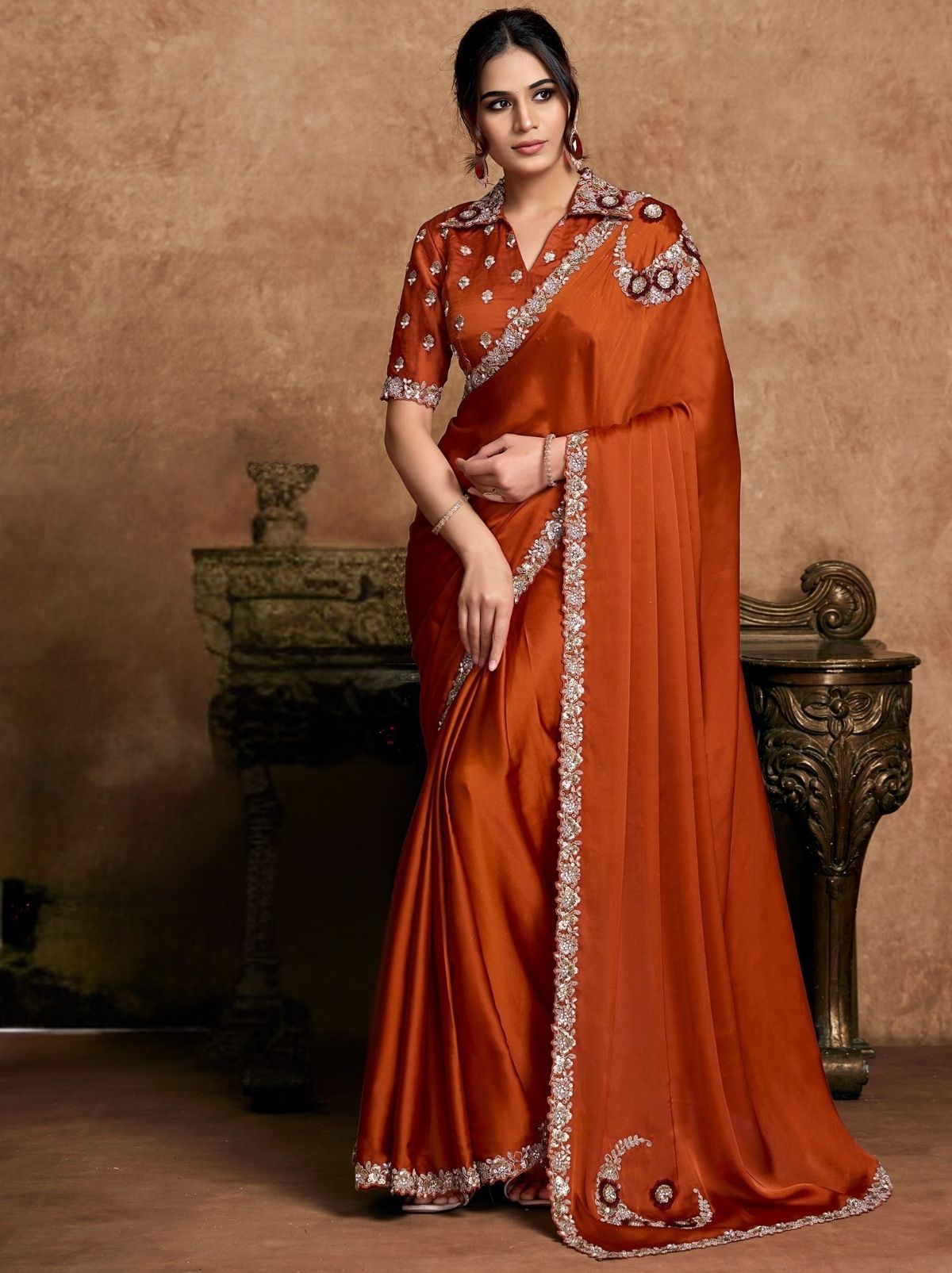 Copper Orange Designer Party Wear Saree With Blouse Piece