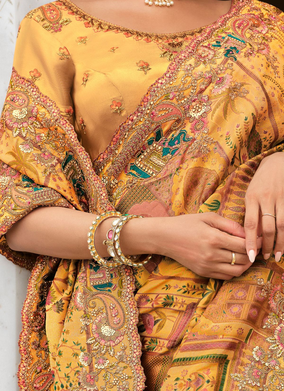 Honey Orange Designer Premium Silk Saree With Heavy Work - TrendOye