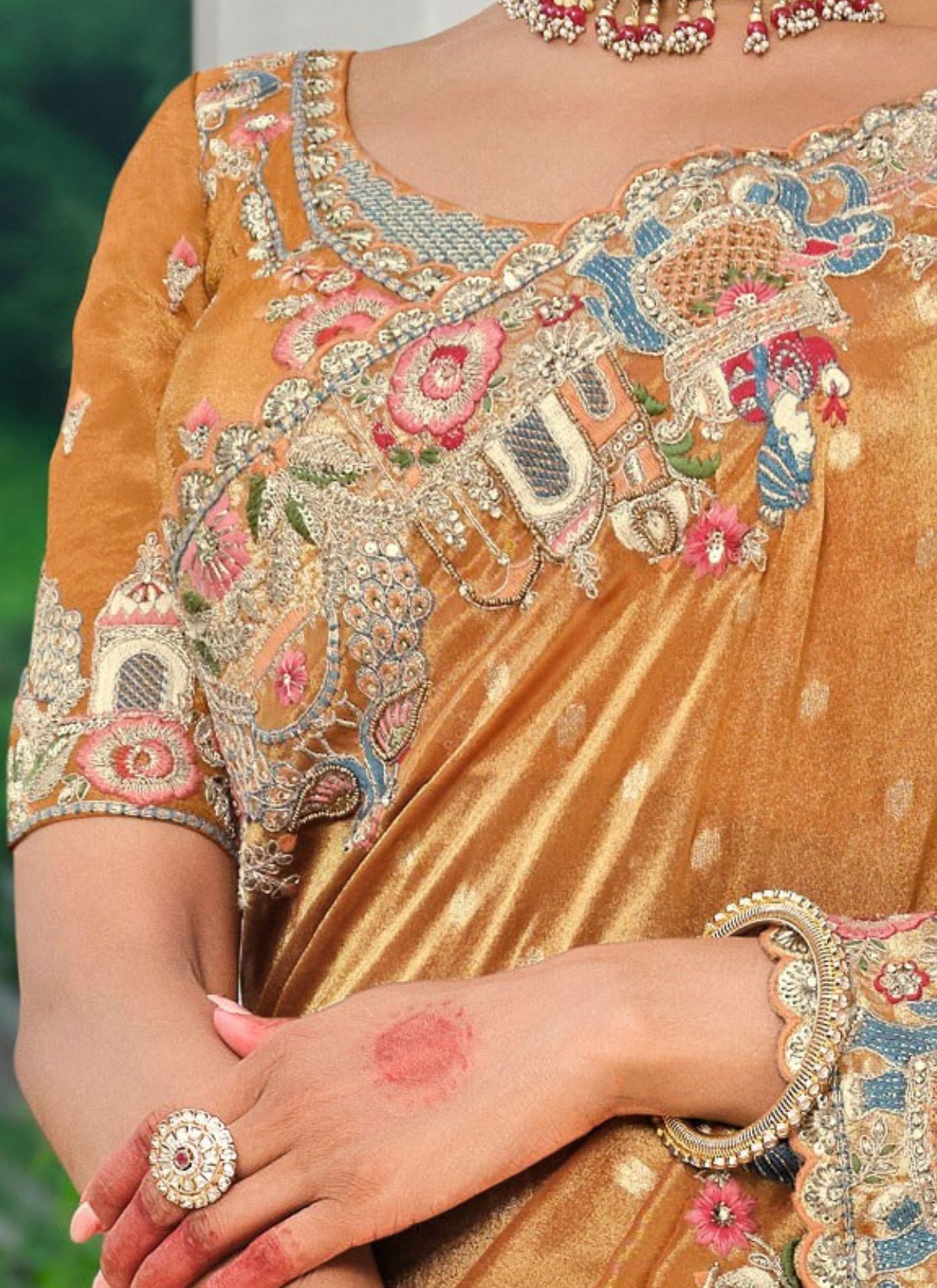 Apricot Orange Designer Premium Tissue Silk Saree With Hand-Embroidery - TrendOye