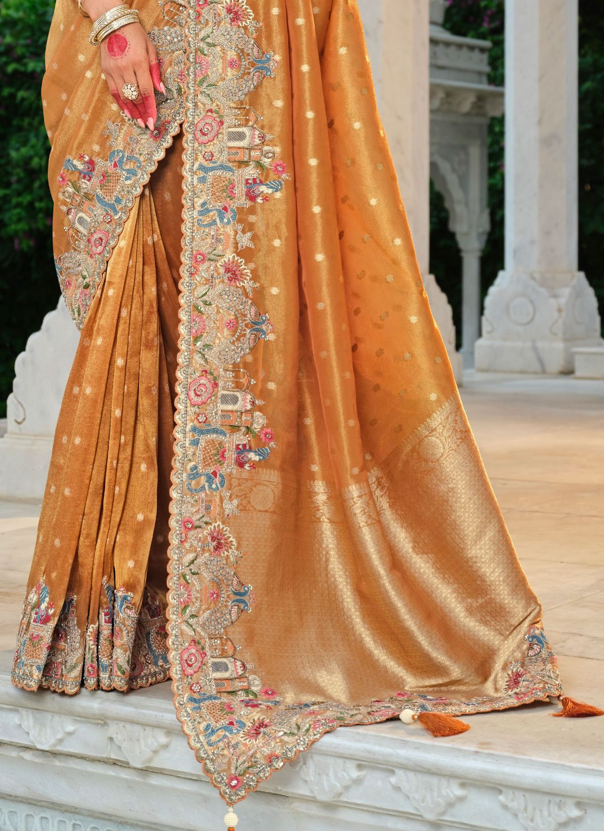 Apricot Orange Designer Premium Tissue Silk Saree With Hand-Embroidery - TrendOye