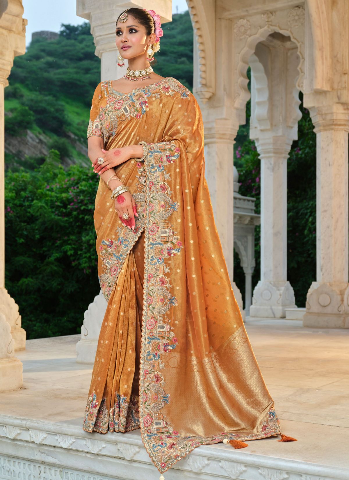 Apricot Orange Designer Premium Tissue Silk Saree With Hand-Embroidery - TrendOye