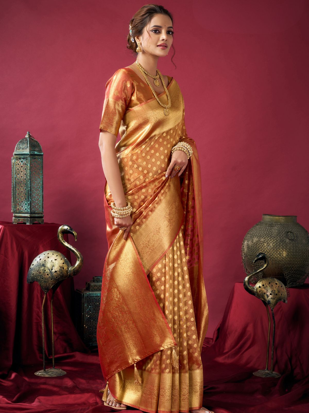 Copper Orange Designer Tissue Silk Saree with Tassel Border