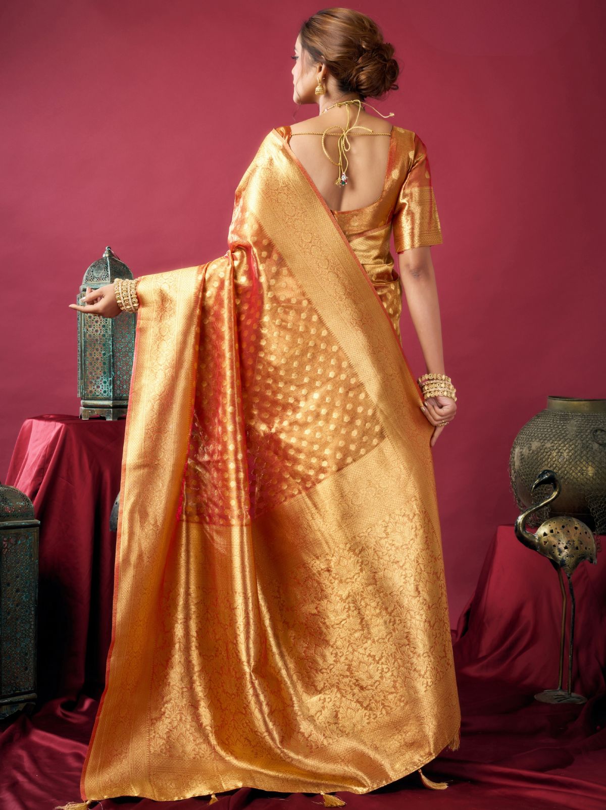 Copper Orange Designer Tissue Silk Saree with Tassel Border