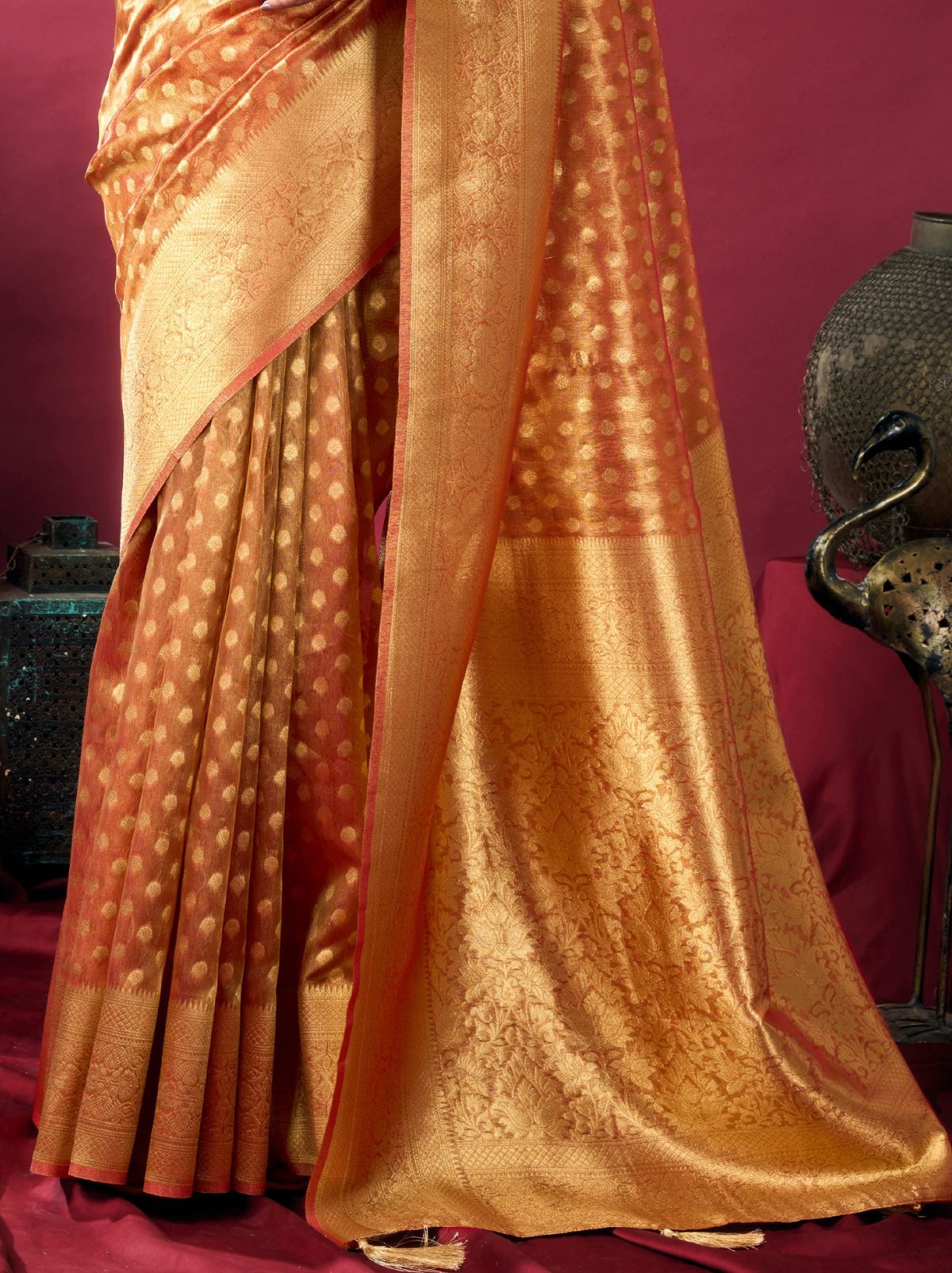Copper Orange Designer Tissue Silk Saree with Tassel Border