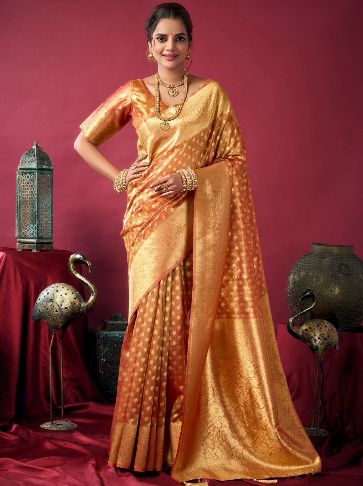 Copper Orange Designer Tissue Silk Saree with Tassel Border