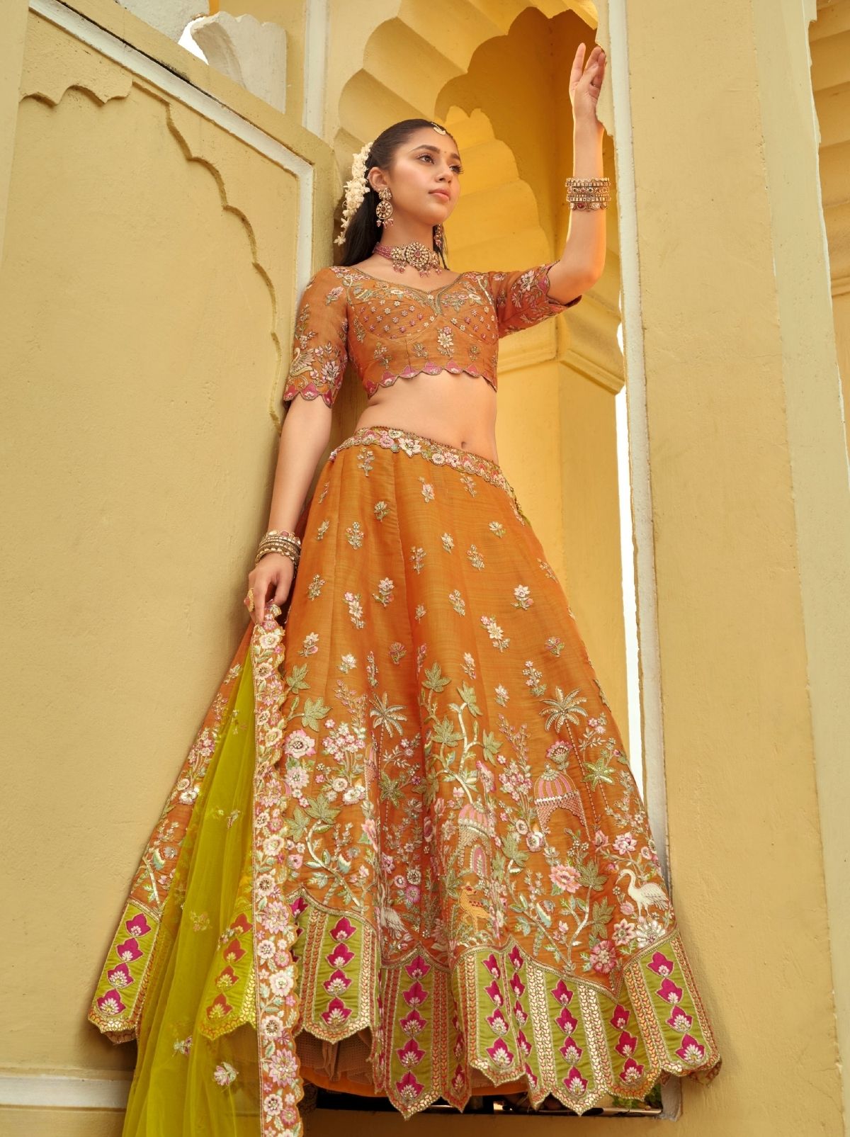 Tangerine Orange Designer Wedding Lehenga Set With Cut Work Border