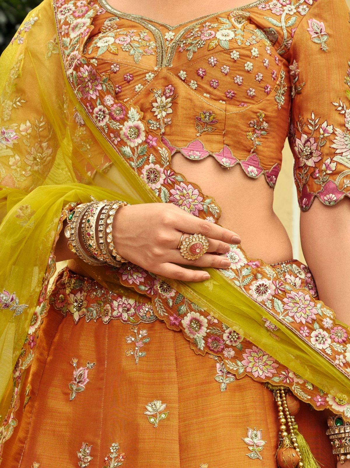 Tangerine Orange Designer Wedding Lehenga Set With Cut Work Border