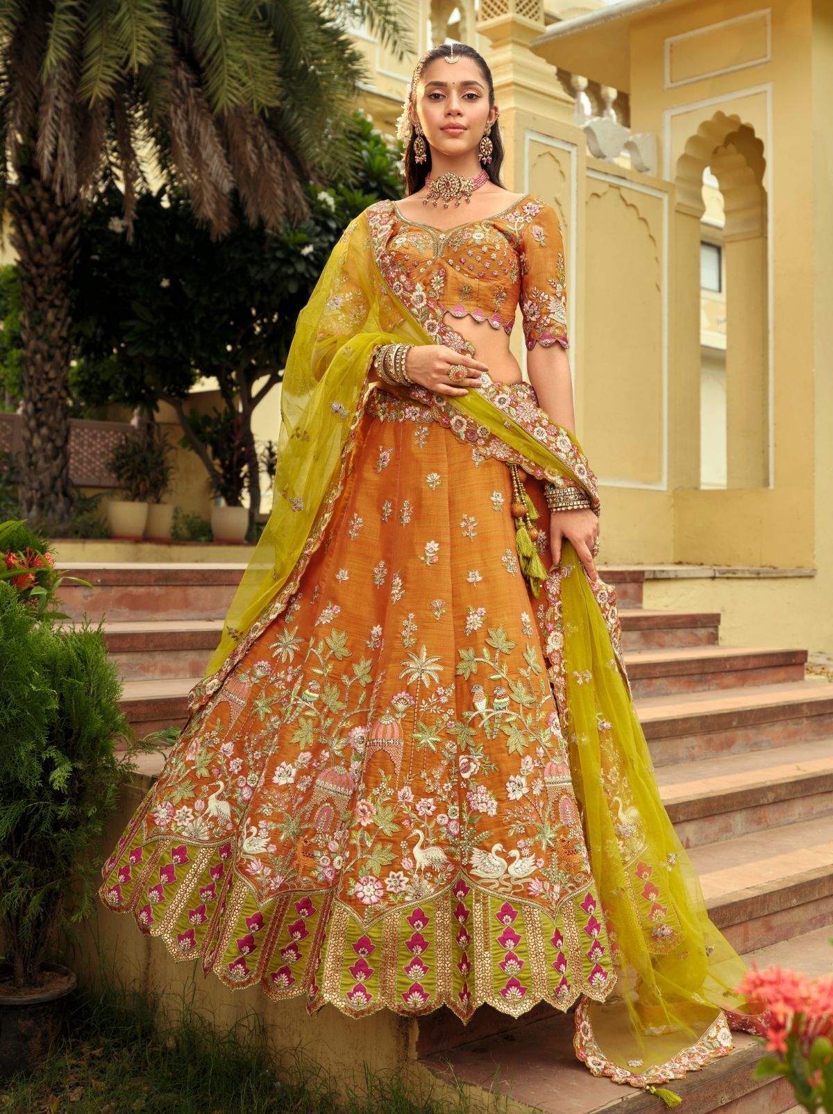 Tangerine Orange Designer Wedding Lehenga Set With Cut Work Border