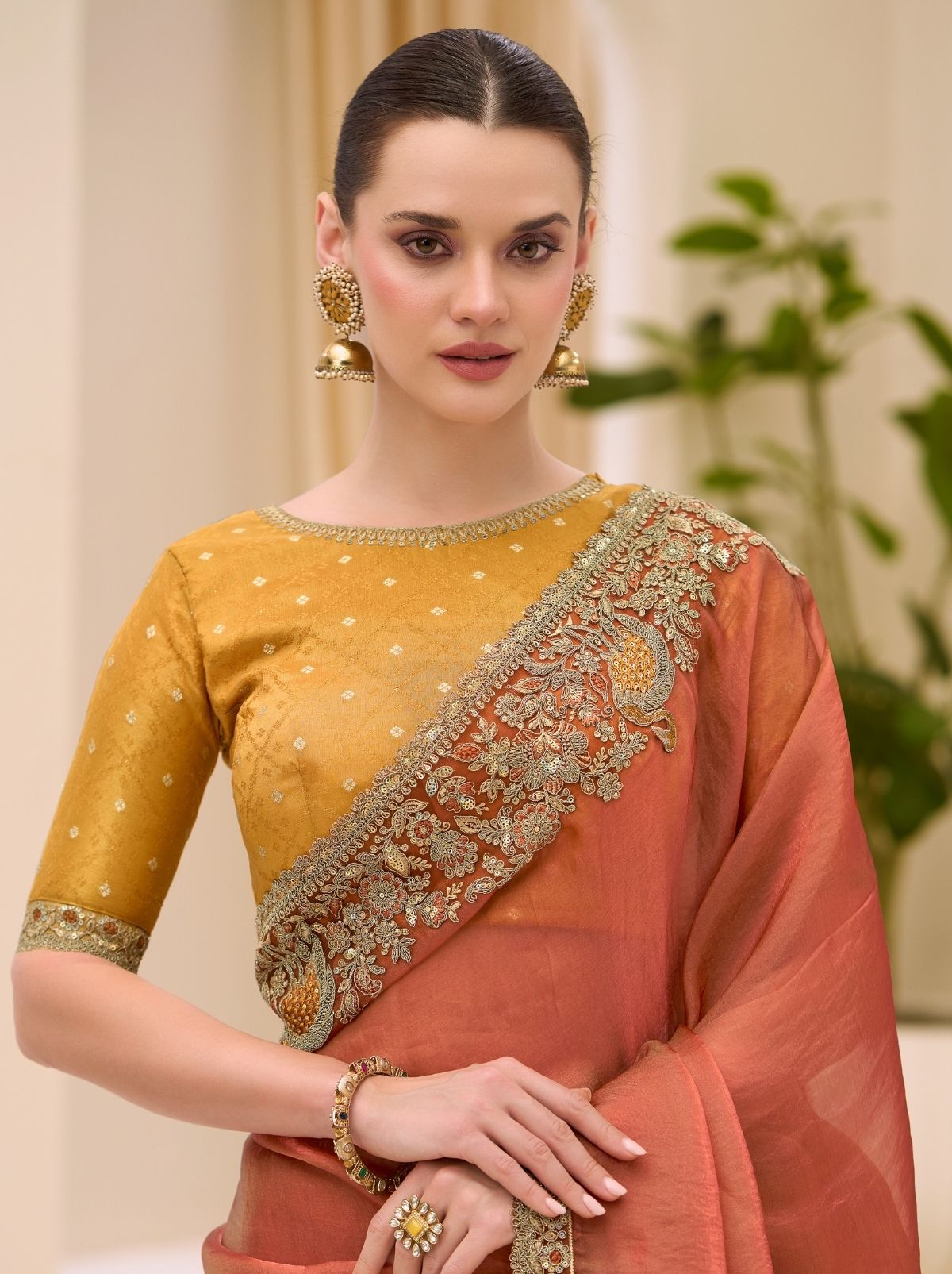 Yam Orange Designer Wedding saree With Blouse Piece - TrendOye