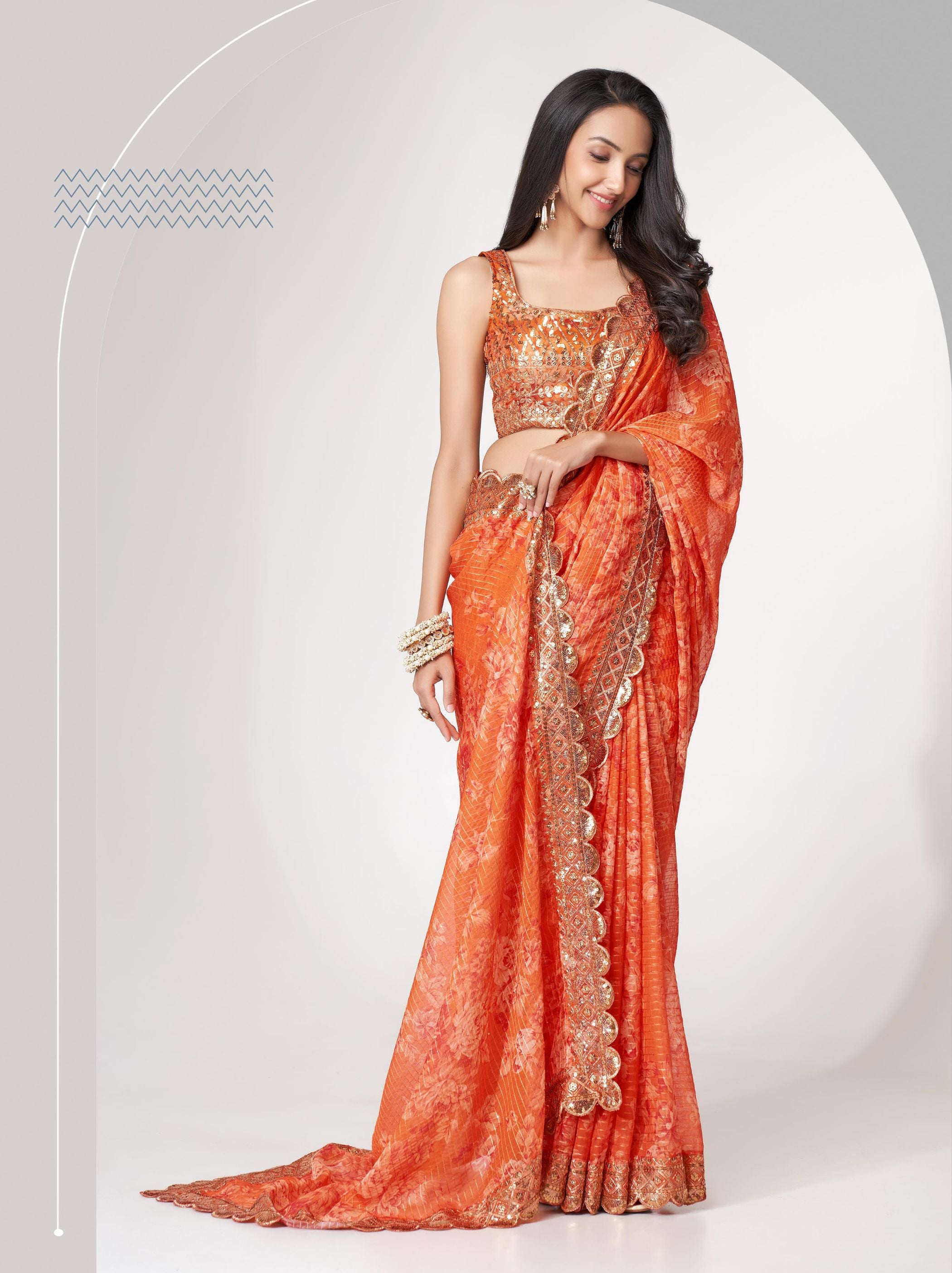 Orange Organza Digital Silk Sequin Saree - TrendOye
