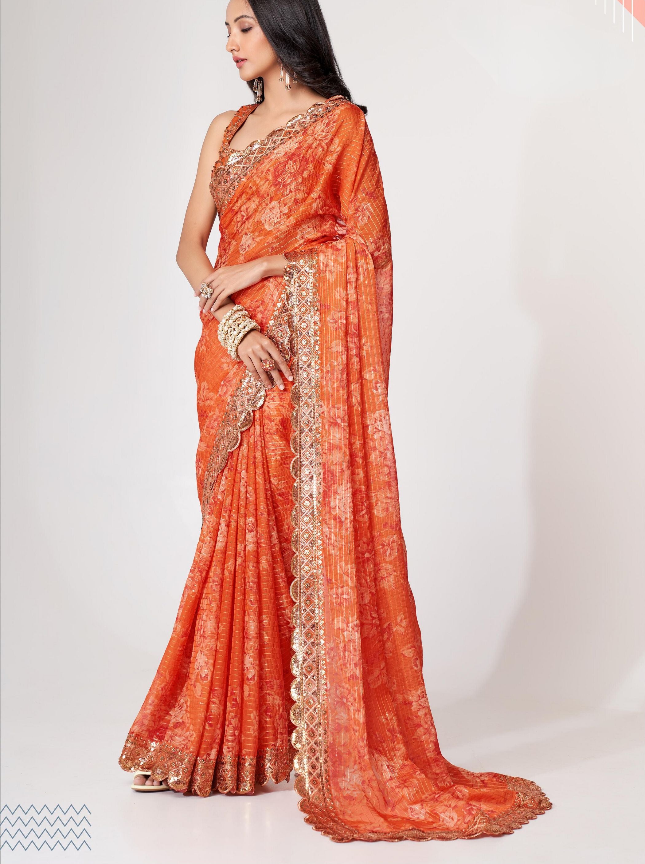 Orange Organza Digital Silk Sequin Saree - TrendOye