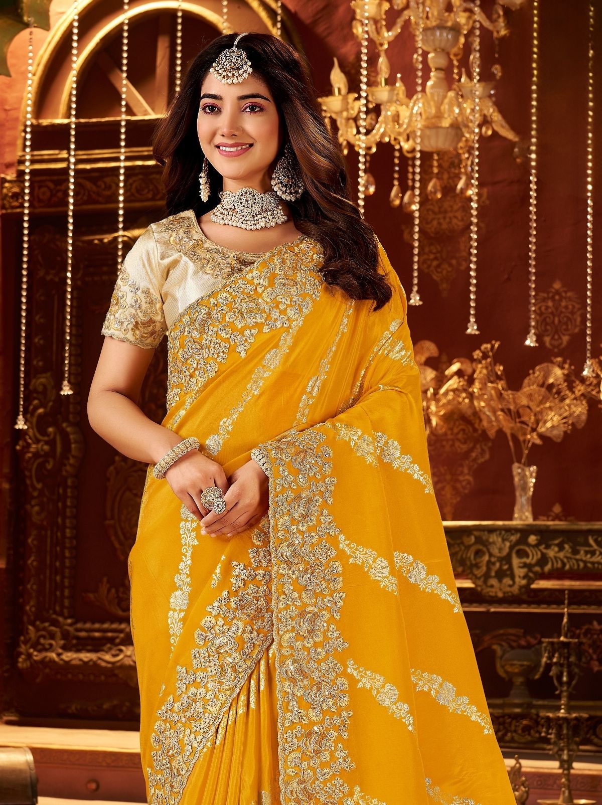 Gold Orange Elegant Wedding Saree With Heavy Border Embroidery