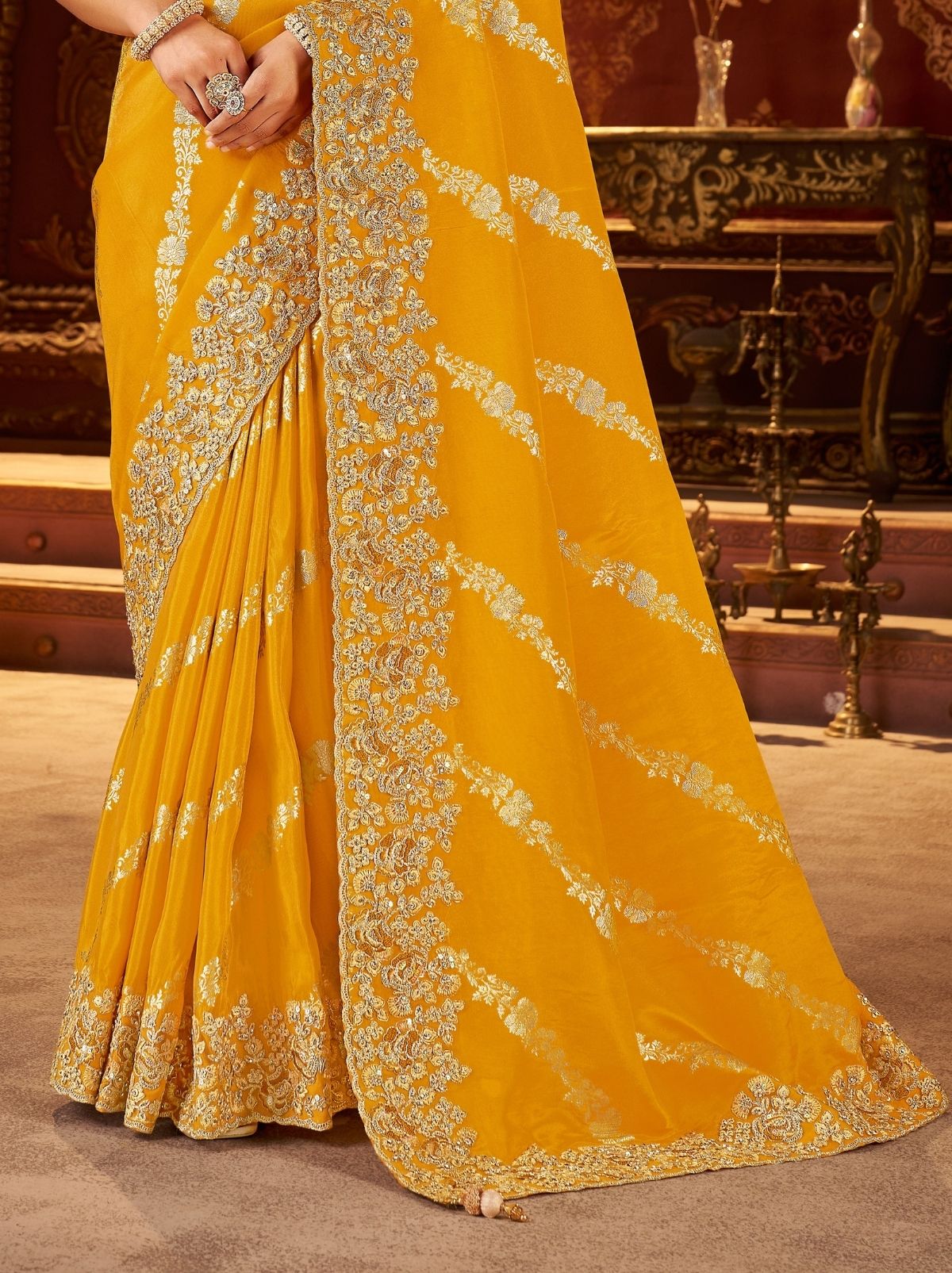Gold Orange Elegant Wedding Saree With Heavy Border Embroidery