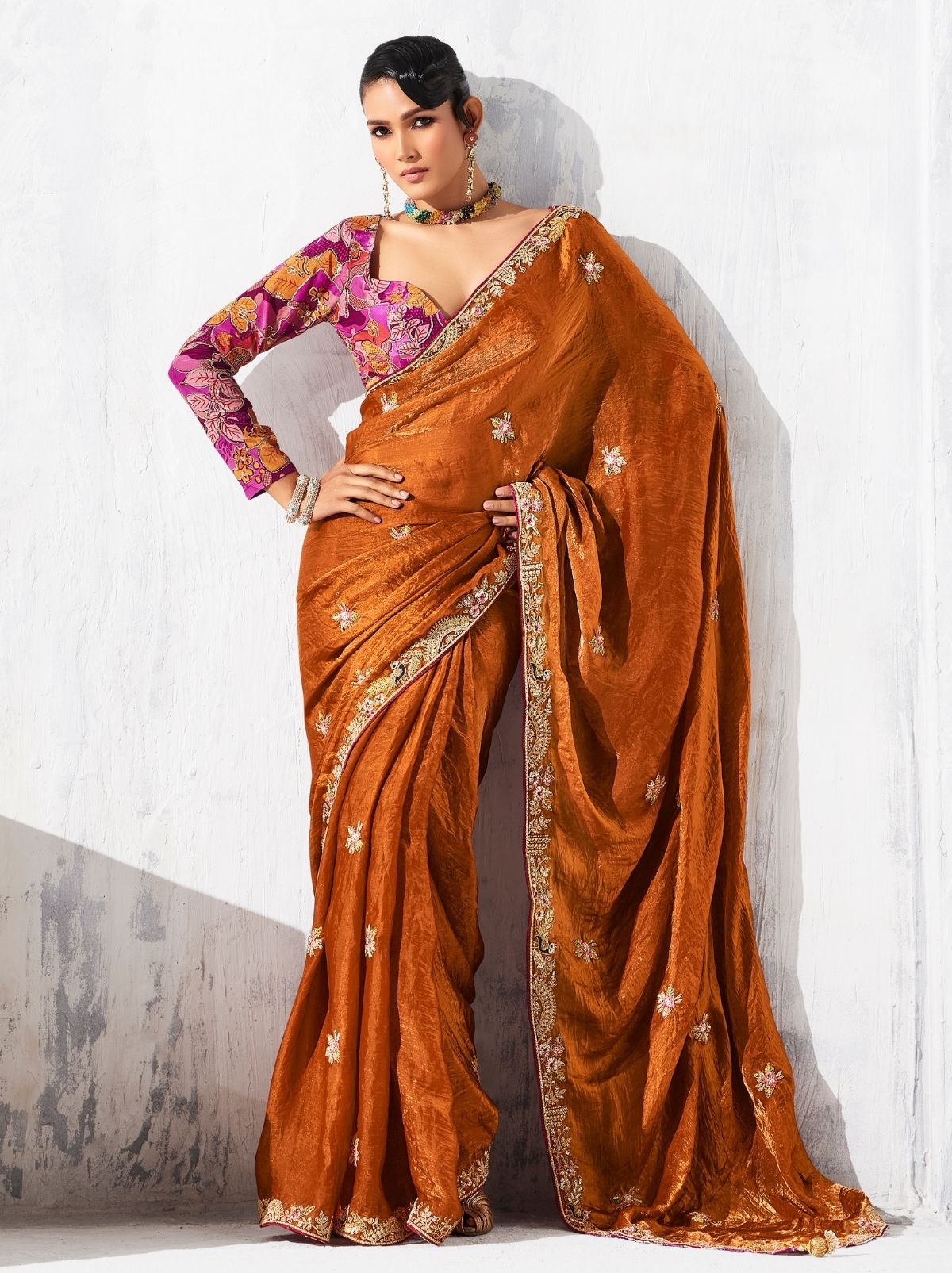 Squash Orange Fancy Silk Saree with Beautiful Blouse Piece