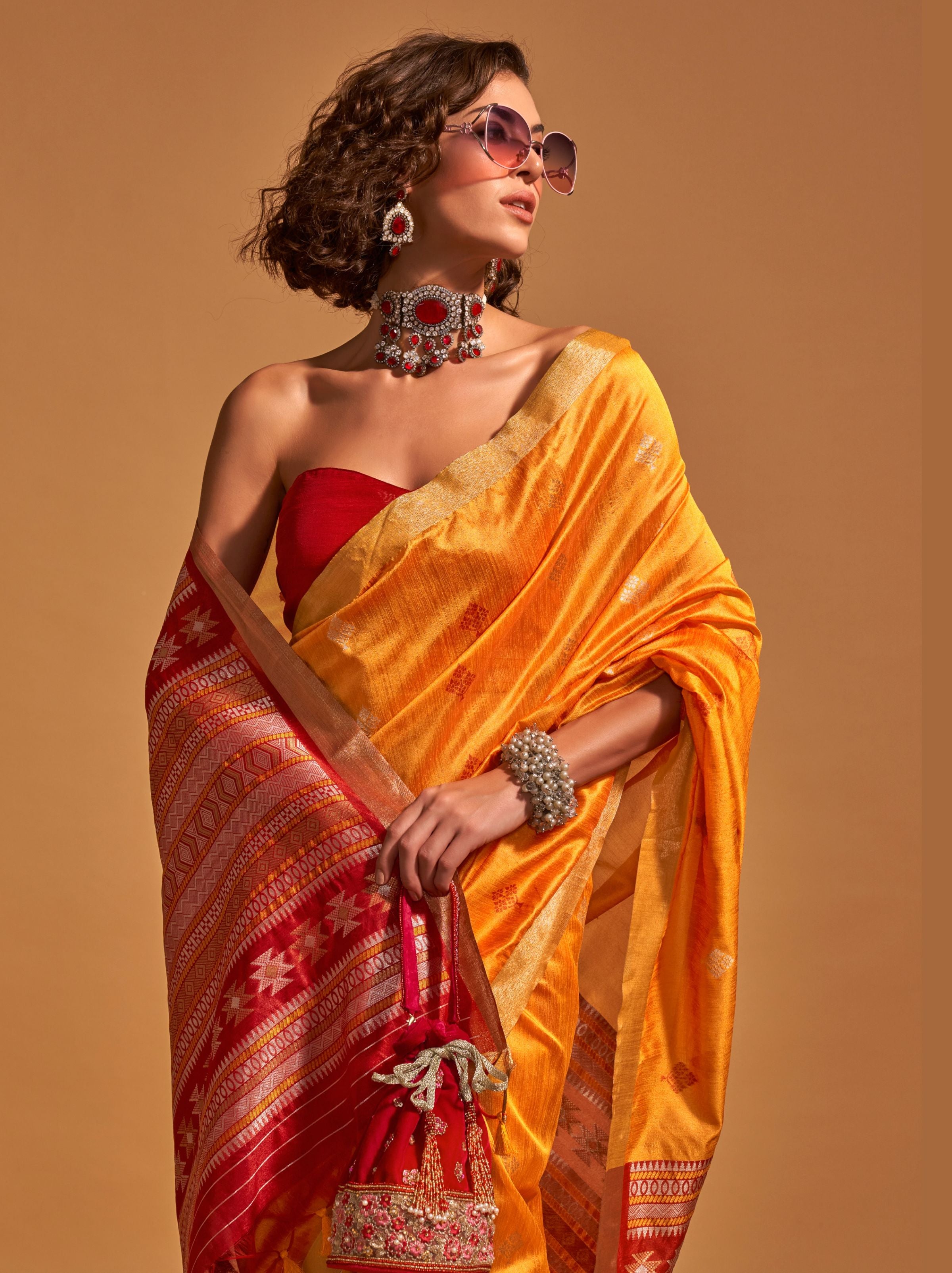 Tangerine Orange Designer  Silk Blended Saree - TrendOye