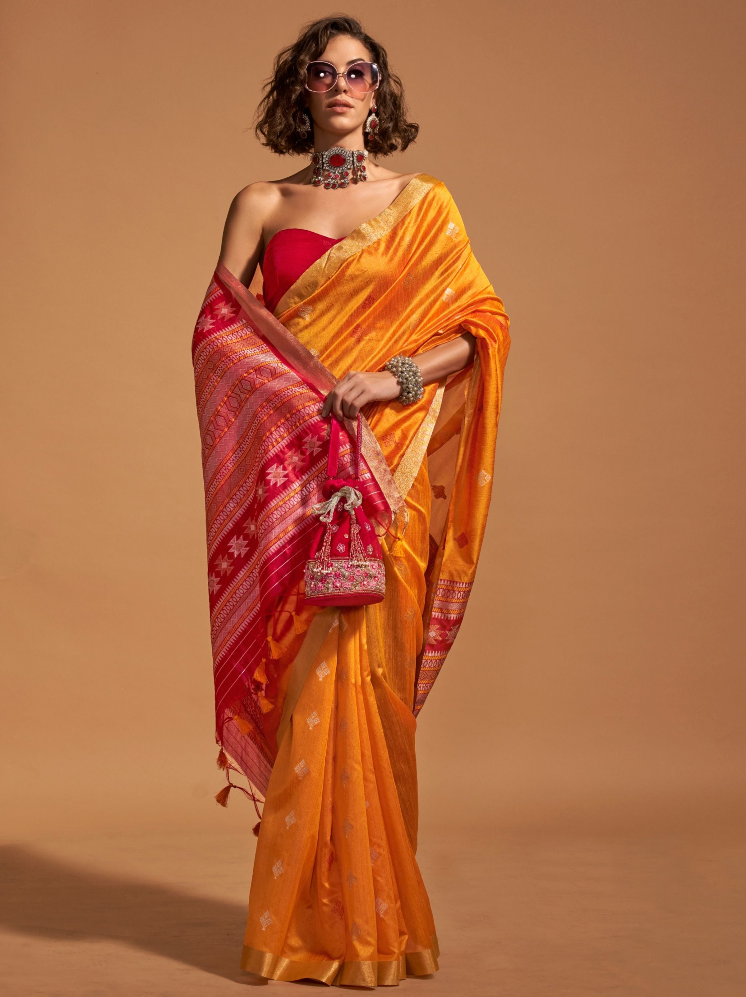 Tangerine Orange Designer  Silk Blended Saree - TrendOye