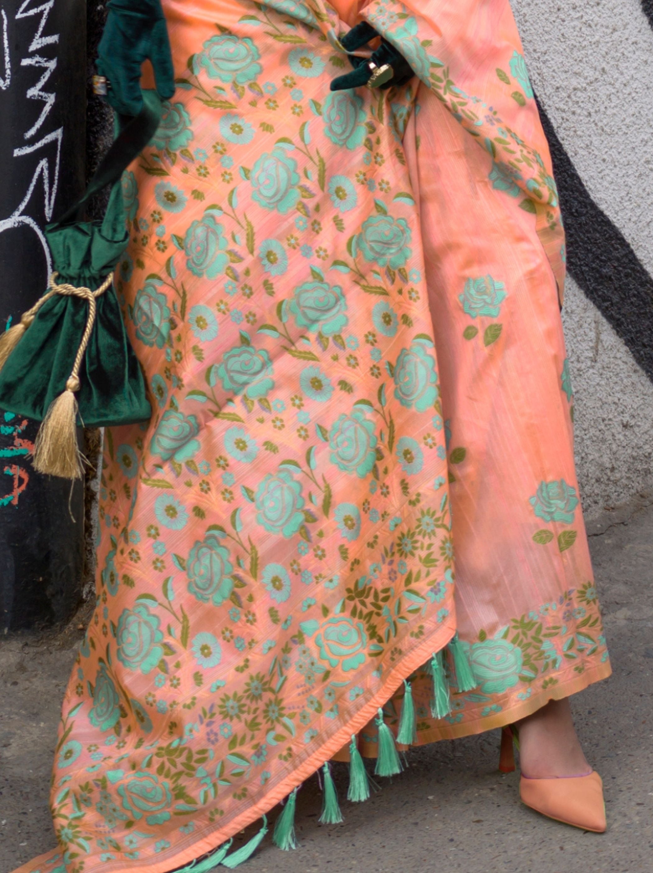 Salmon Red-Orange Designer Silk Blended Saree - TrendOye