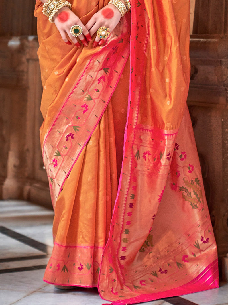 Apricot Orange Paithani Designer Wedding Silk Saree - TrendOye