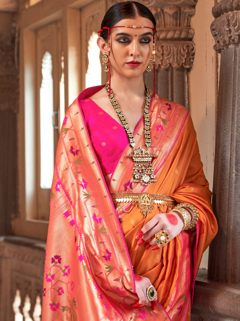 Apricot Orange Paithani Designer Wedding Silk Saree - TrendOye