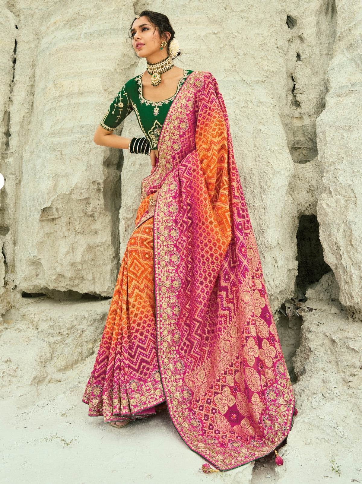 Orange-Pink Exclusive Georgette Wedding Saree With Bandhej Work