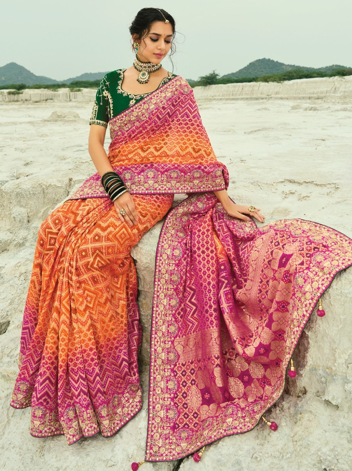 Orange-Pink Exclusive Georgette Wedding Saree With Bandhej Work