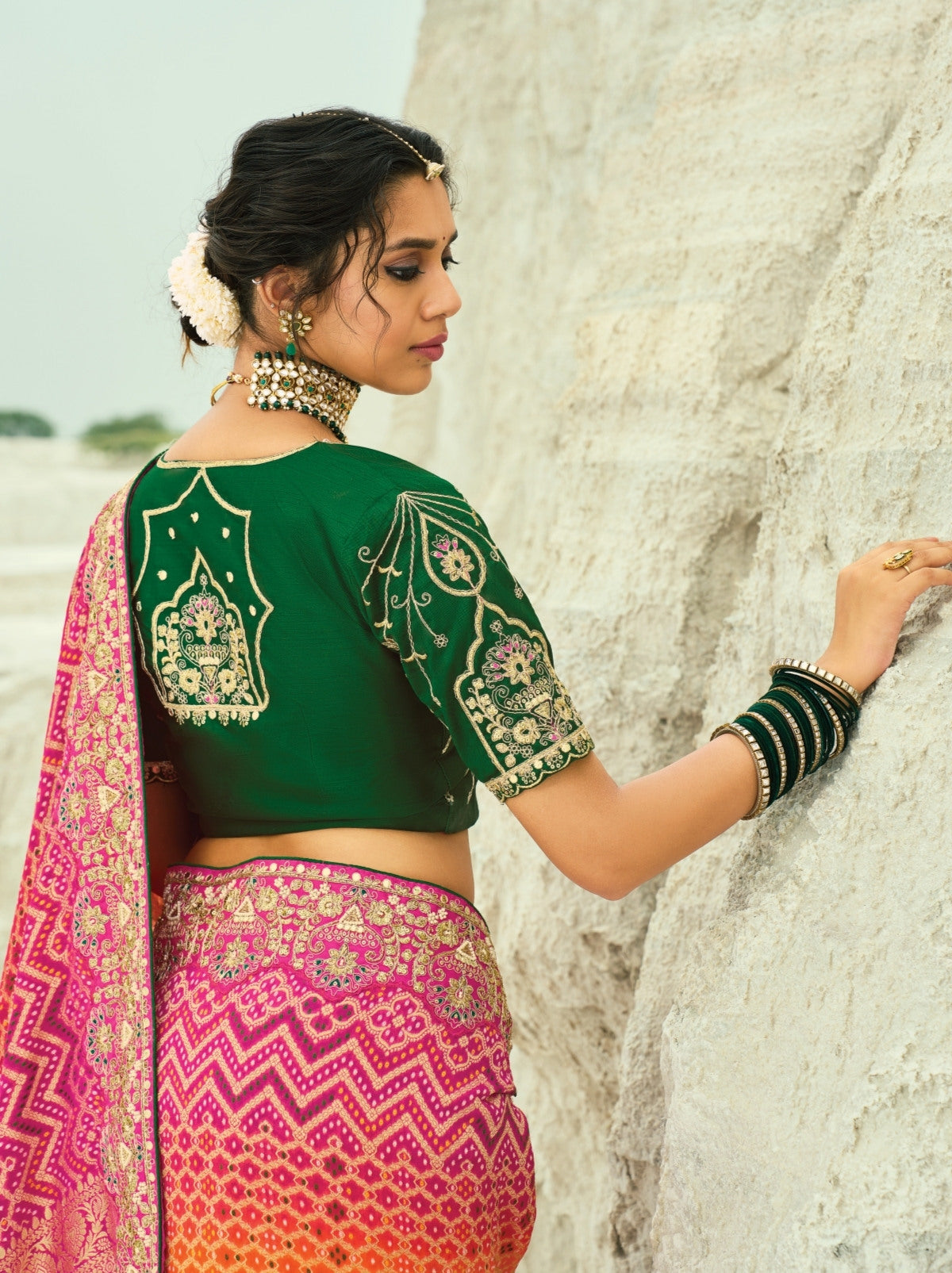 Orange-Pink Exclusive Georgette Wedding Saree With Bandhej Work